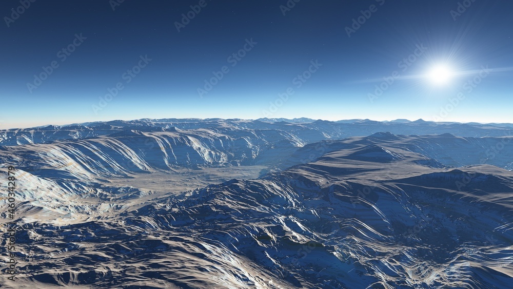 Obraz premium Exoplanet fantastic landscape. Beautiful views of the mountains and sky with unexplored planets. 3D illustration
