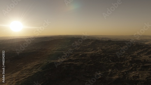 Exoplanet fantastic landscape. Beautiful views of the mountains and sky with unexplored planets. 3D illustration