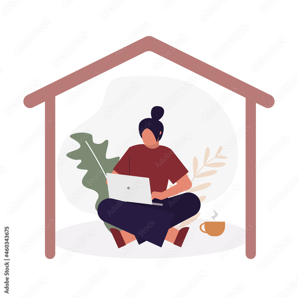 Female freelancer working from home. Workplace with cartoon business woman. Stay home and safe concept. Work in focus, productivity and self discipline Female freelancer working from home. Workplace with cartoon business woman. Stay home and safe concept. Work in focus, productivity and self discipline