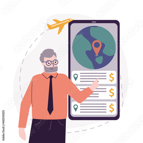 Old man choose place to travel on phone screen. Elderly tourist searching country in mobile app for vacation. Concept of choosing summer recreation for older