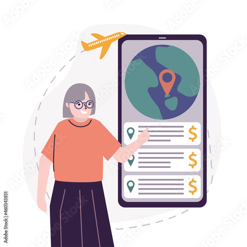 Old woman choose place to travel on phone screen. Elderly tourist searching country in mobile app for vacation. Concept of choosing summer recreation for older