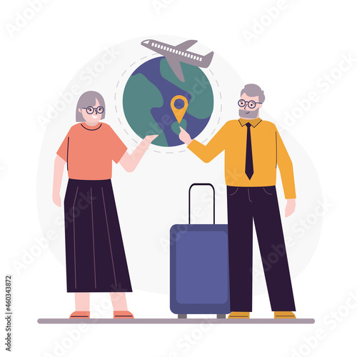 Elderly tourists choose place to travel on planet earth. Old travelers searching and planning trip or tour. Summer vacation and recreation for grandparents