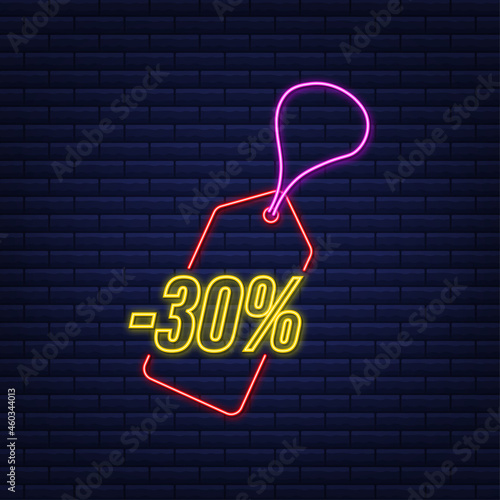 30 percent OFF Sale Discount neon tag. Discount offer price tag. 30 percent discount promotion flat icon with long shadow. Vector illustration.