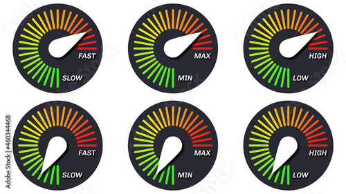 Abstract speedometer with scale from green to red. Slow and fast. Minimum and maximum. Low and high. Vector illustration.