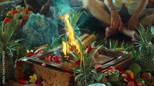 Flowers and fruits for offering at the Yagya fire ceremony hindu photo