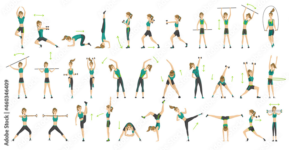 Woman fitness. Big set of colored  silhouettes of slim woman in costume doing fitness workout in many different position. Active and healthy life concept. Female aerobic or exercises