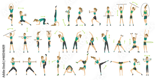 Woman fitness. Big set of colored silhouettes of slim woman in costume doing fitness workout in many different position. Active and healthy life concept. Female aerobic or exercises
