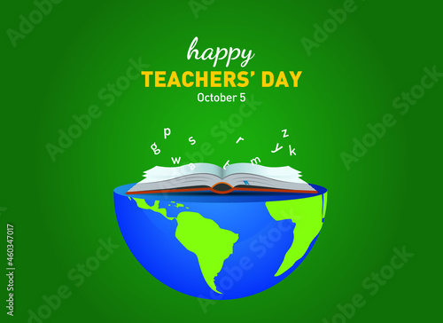 happy teachers' day Concept vector illustration. International Literacy Day  open book with alphabet letters and earth. Children education background or learning event concept.