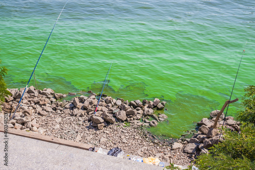 Spinning rods in a blooming river on a summer day