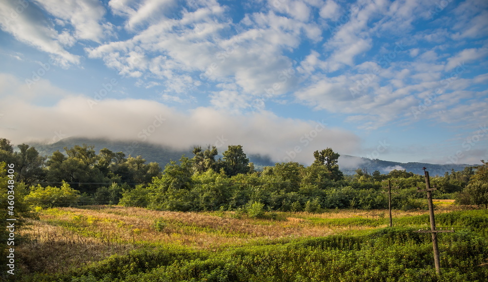 Mountain valley during sunrise. Natural summer landscape. View f