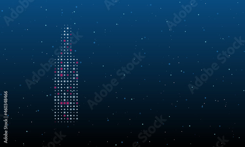 On the left is the beer bottle symbol filled with white dots. Background pattern from dots and circles of different shades. Vector illustration on blue background with stars