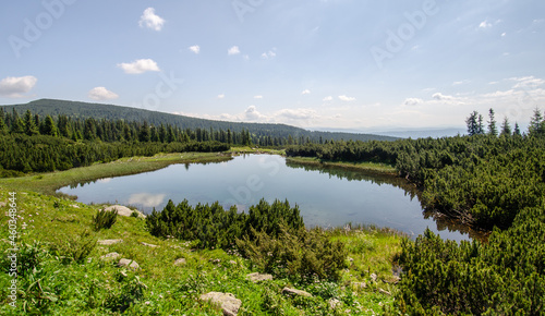 View of the mountain glacier lake Iezer in Romania, Calimani mountains, Transylvania.