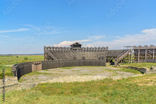 Wooden part of reconstruction of Roman amphitheater in the Roman city of Viminacium in Kostolac, Serbia