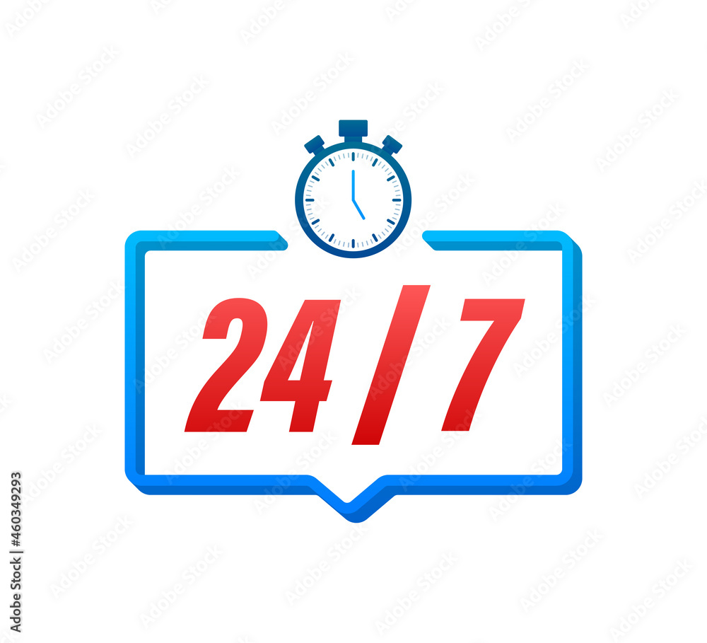 24-7 service concept. 24-7 open. Support service icon. Vector stock illustration. 24-7 service concept. 24-7 open. Support service icon. Vector stock illustration.
