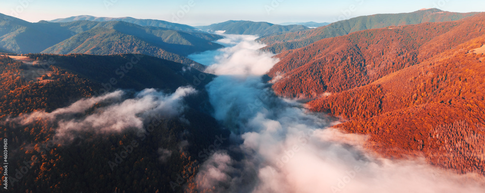 Amazing morning fog in the autumn mountains. Beautiful sunrise light shines on the red beech forest. Drone panorama. Landscape photography