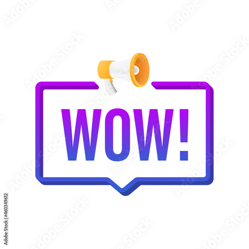 Wow megaphone. Flat vector illustration. Announce promotion offer. People communicate.