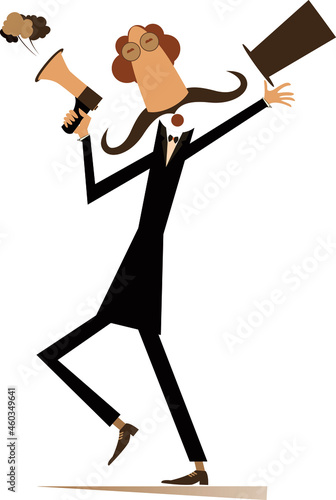 Man, megaphone and news isolated illustration. 
Cartoon long mustache in the top hat man with megaphone makes announcement isolated on white
