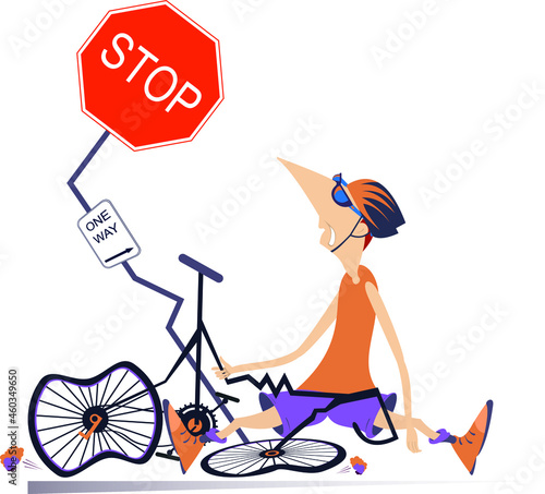 Sad cyclist man smashed into a road sign illustration. 
Cyclist man in helmet and sunglasses sitting near a broken bicycle and looks at road sign isolated on white
