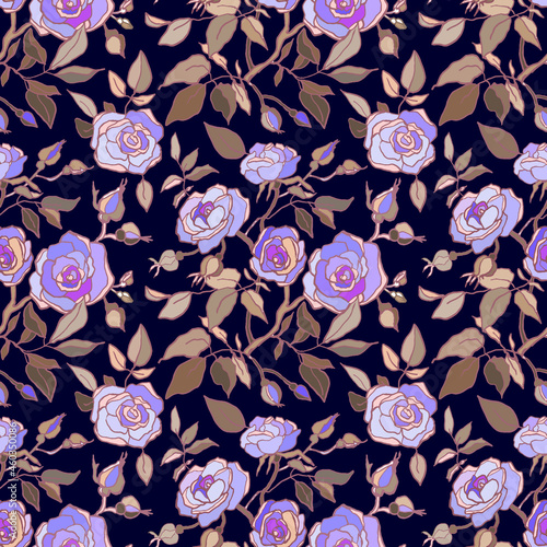 Cute floral pattern of pink, purple roses flowers. Seamless print with garden flowers on dark background. Vintage collection. Vector illustration
