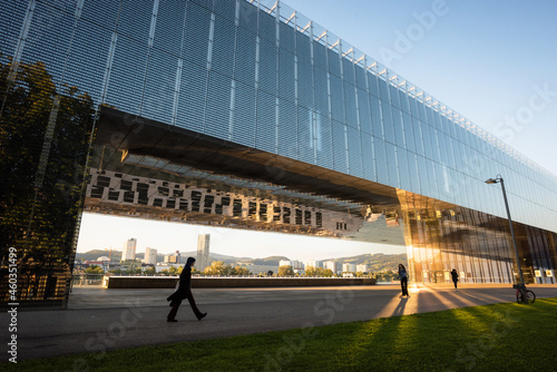 Linz Austria; Lentos Art Museum with Shore of Linz Urfahr on the Danube River