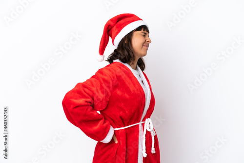 Young mixed race woman disguised as Santa Claus isolated on white background suffering from backache for having made an effort