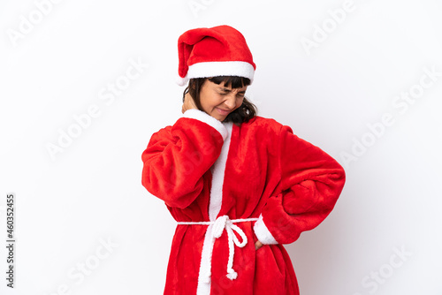Young mixed race woman disguised as Santa Claus isolated on white background with neckache