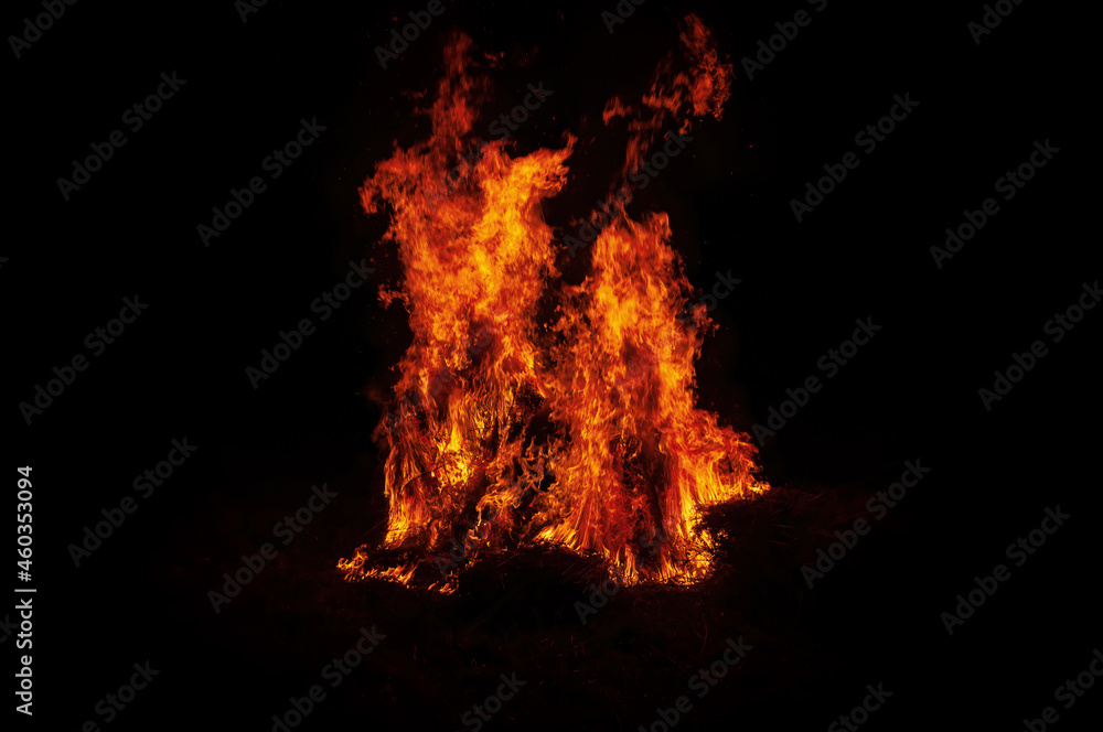Hearth is fully. Black background. Flame of fire flame texture for background