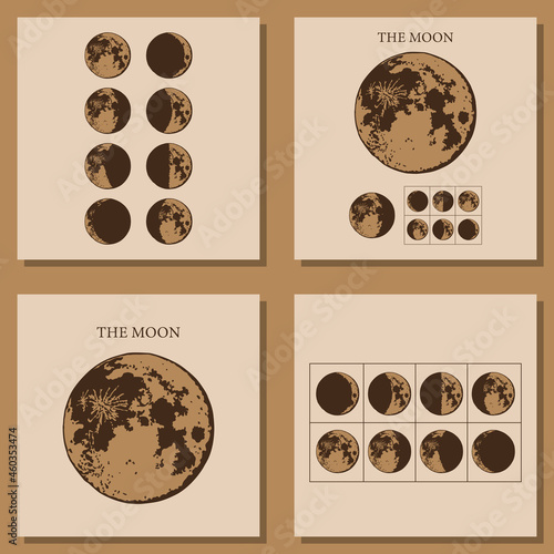 The Moon, Moon Phases in modern colors, contemporary aesthetic poster, background or card template in popular art style