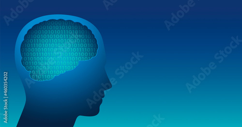 Digital brain with binary code, ones and zeros, symbol for bionic robotics, artificial intelligence, superintelligence and cybernetics. Vector illustration on blue background. 
