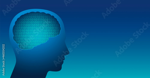 Digital brain with binary code, ones and zeros, symbol for bionic robotics, artificial intelligence, superintelligence and cybernetics. Vector illustration on blue background.
