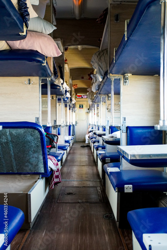 Interior of a typical russian long-distance RZD train with beds for sleeping