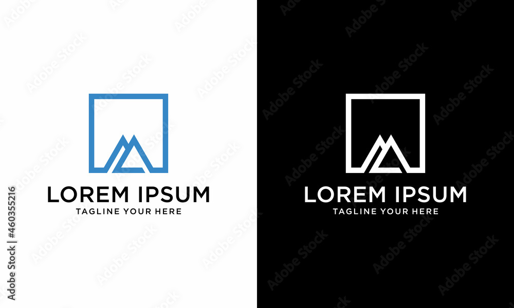 Simple mountain logo vector template design, mount in box, A-initial logo on a white and black background. Simple mountain logo vector template design, mount in box, A-initial logo on a white and black background.