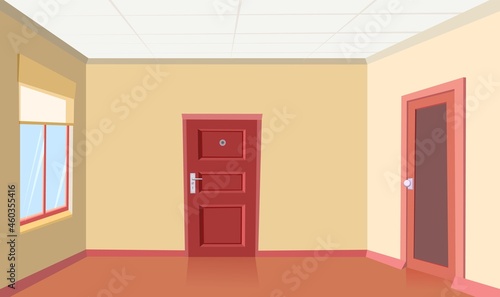 Hallway doors. Empty hallway to the home. New house. Clean room after renovation. Door and window. Illustration cartoon style flat design. Vector