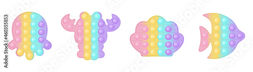 Set of 5 marine life s popit trendy silicon fidget toys . Antistress addictive toy for fidget in pastel colors. Bubble sensory developing popit for kids fingers. Isolated cartoon vector illustration.