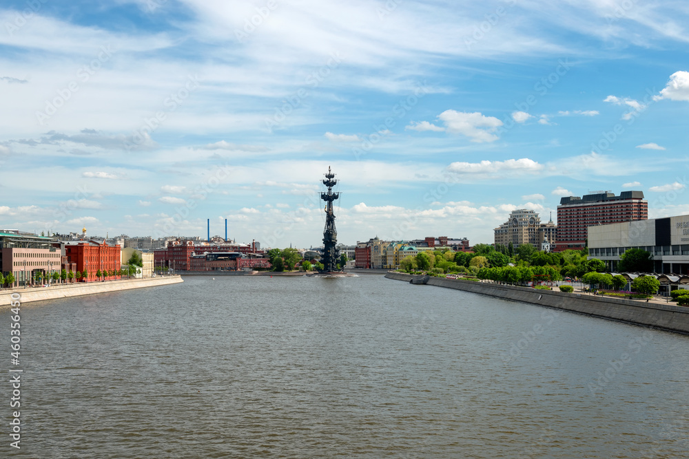 Moscow,  view on Moskva River between Krymskaya and Prechistenskaya embankments with The Peter the Great Statue in Moscow city from Crimean  Bridge on a spring day