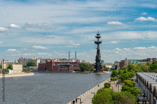 Moscow, view on Moskva River between Krymskaya and Prechistenskaya embankments with The Peter the Great Statue in Moscow city from Crimean  Bridge on a spring day