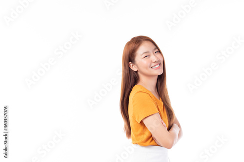 Portrait of beautiful young Asian girl model long hair in casual summer clothes smile, happy and enjoying in studio isolated on white background.