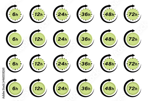 Flat icons of production action over time. Packing activity icons set. The action of cosmetic products for several hours. Advertising time of work. Vector elements.