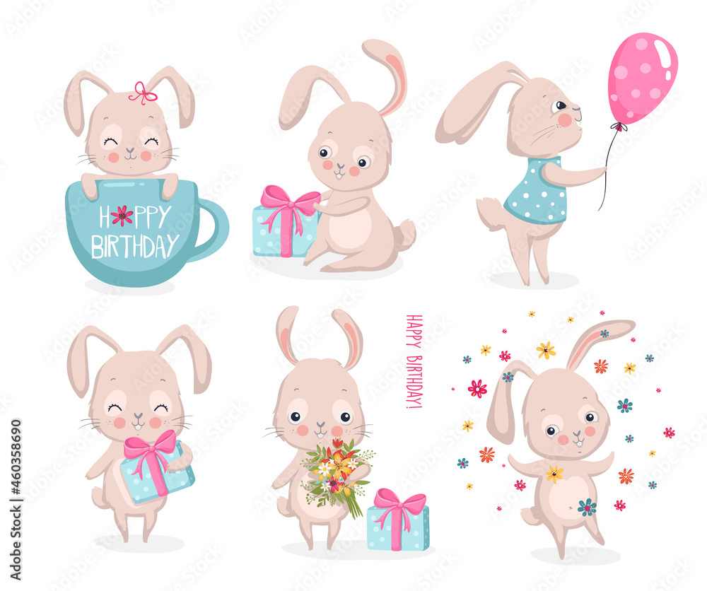 Set of cute bunnies with gifts, cup, flowers. happy easter