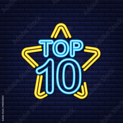 Top 10 - Top Ten gold with blue neon label on black background. Vector illustration.