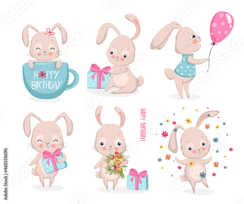 Set of cute bunnies with gifts, cup, flowers. happy easter