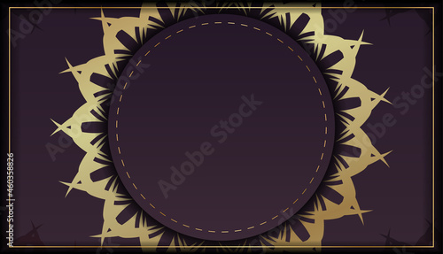 Greeting card in burgundy color with a mandala in gold ornament prepared for printing.