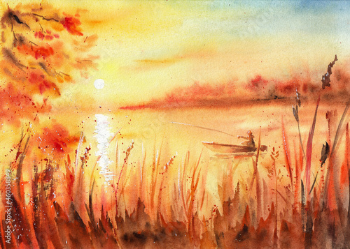 Lake or river landscape with water scene, sunrise and loneless fishman in the boat. Hand drawn watercolors on paper textures photo