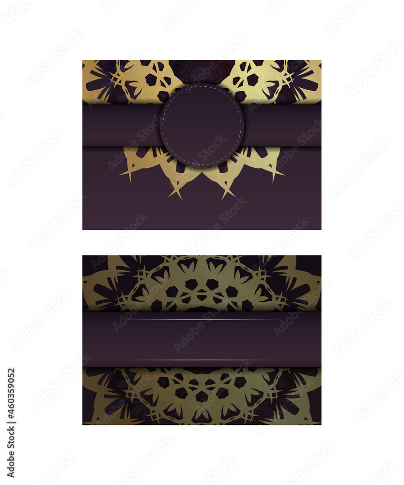 Greeting card in burgundy color with abstract gold ornaments for your brand.