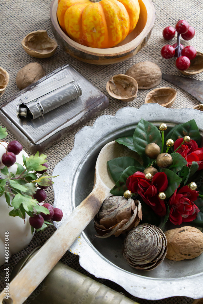 old plate, spoon, retro accessories on the table