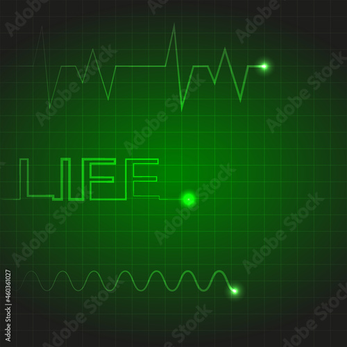 Electrocardiogram, heart impulse signals, signal indicating life with grid and impulse waves.
Concept of life, medical recovery