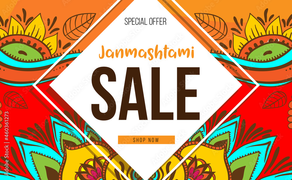 Fototapeta premium Happy Janmashtami sale banner . Krishna vector illustration. EPS10