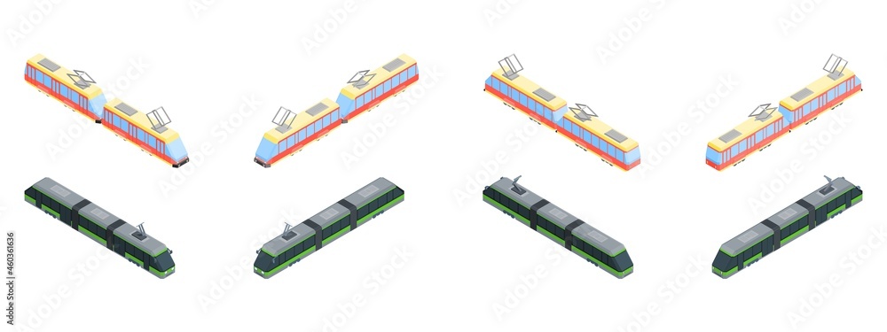 selection of different trams in isometric style selection of different trams in isometric style