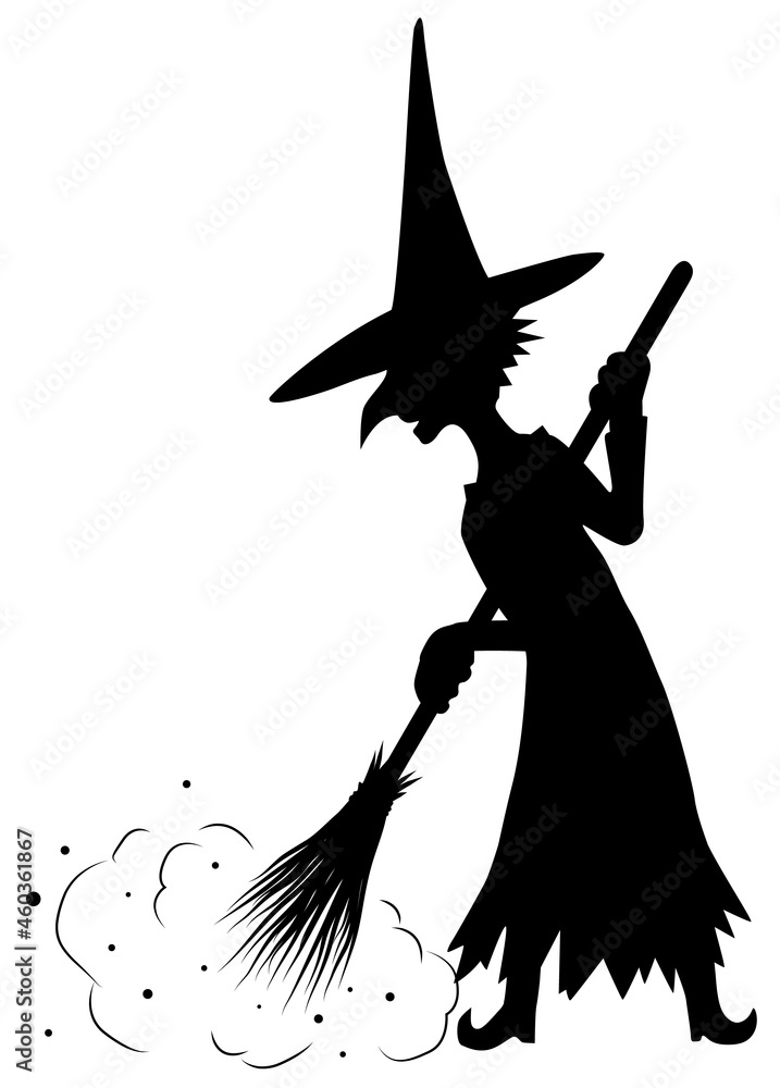 Old Witch Sweeping Silhouette - obrazy, fototapety, plakaty 