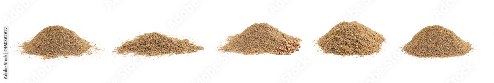 Set with coriander seeds and powder on white background. Banner design Set with coriander seeds and powder on white background. Banner design